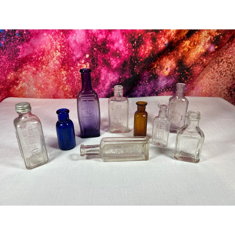 Antique Glass Bottle Lot 9pc Late 1800s-1930s Apothecary Medicine Larkin